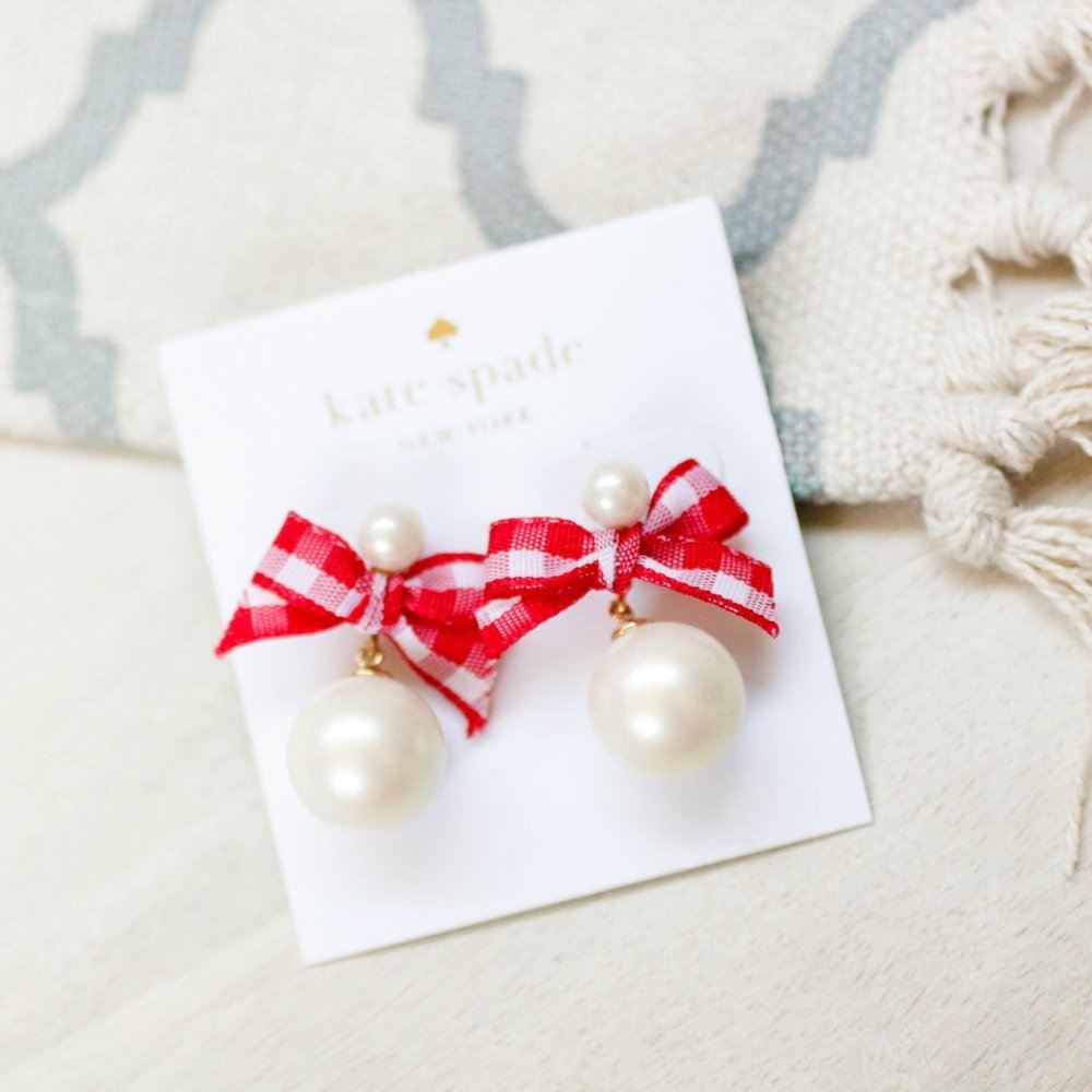 kate spade faux pearl red check bow tie knot cute statement earrings